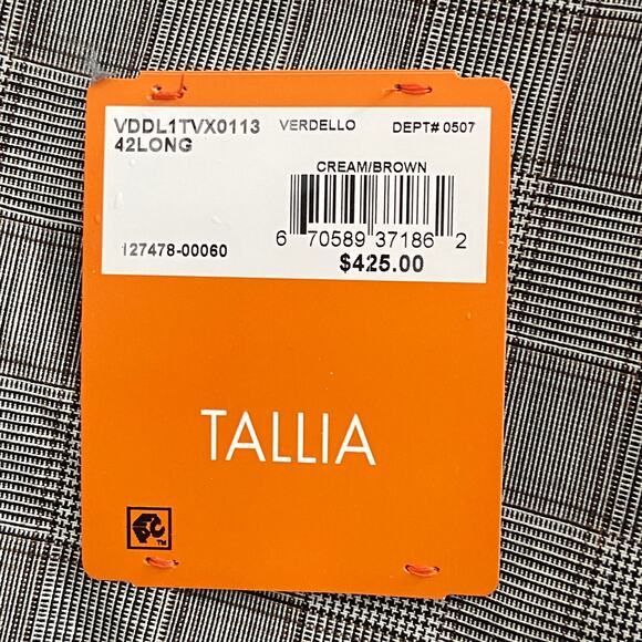 Tallia Men's 42 Long Suit Jacket Stretch Wool Blend Cream/Brown Plaid NEW - Picture 10 of 10